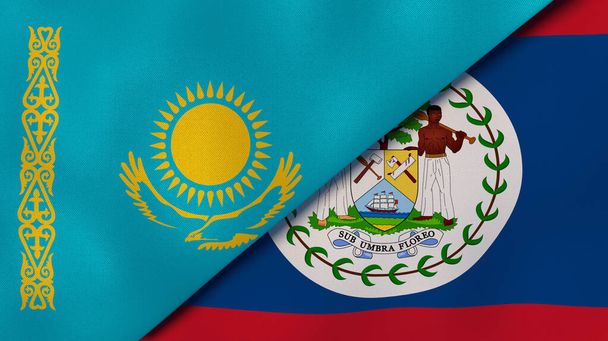 Kazakistan ve Belize 'nin iki bayrağı. Kaliteli bir iş geçmişi. 3d illüstrasyon - Fotoğraf, Görsel