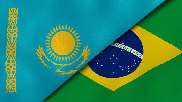 Zwei Staaten Flaggen von Kasachstan und Brasilien. Hochwertiger geschäftlicher Hintergrund. 3D-Illustration - Foto, Bild