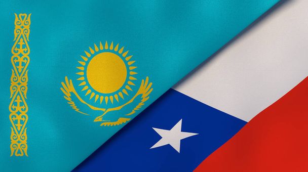 Two states flags of Kazakhstan and Chile. High quality business background. 3d illustration - Photo, Image