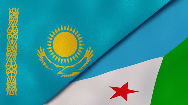 Zwei Staaten Flaggen von Kasachstan und Dschibuti. Hochwertiger geschäftlicher Hintergrund. 3D-Illustration - Foto, Bild