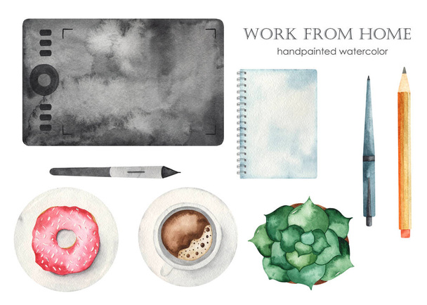 Grafikus tabletta, notebook, zamatos, kávé, fánk, ceruza, toll. Akvarell előfizető - Fotó, kép