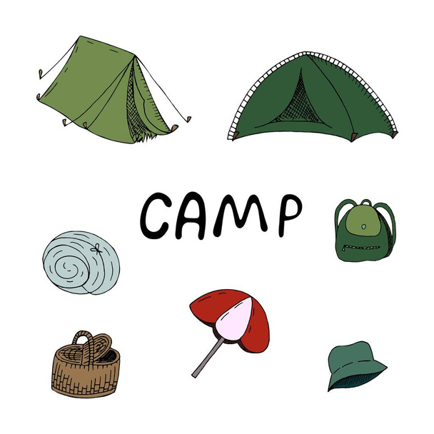 picknick, kamperen, tent, kamp, vectorset van handgetekende elementen in doodle stijl, - Vector, afbeelding