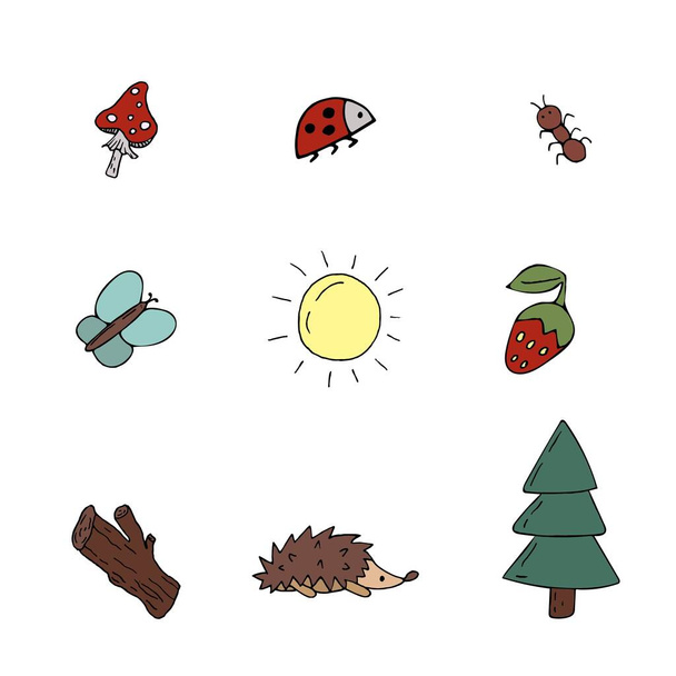 ピクニック、釣り、バケツキャッチ、バーベキュー、森、自然、植物や昆虫、ハリネズミ、ドアスタイルの手描きの要素のベクトルセット - ベクター画像