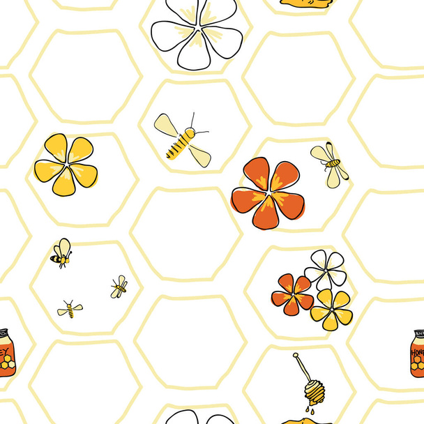 Beyaz bal tarağı arka planında bal arıları ve çiçekler kusursuz desenli taşıyıcı. - Vektör, Görsel