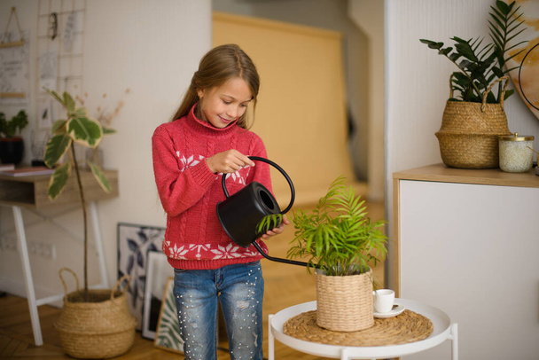 girl caring for domestic plants in the room, watering. Quarantine at home - Fotoğraf, Görsel