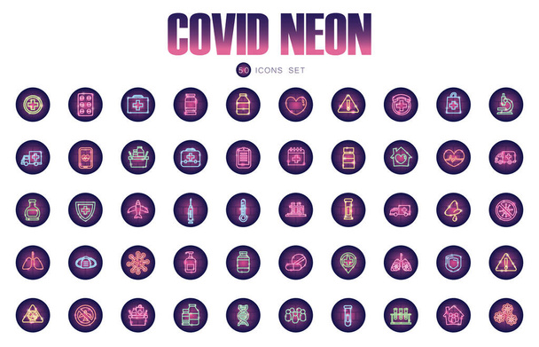 σύνολο εικονιδίων coronavirus ή covid 19, σε στυλ νέον - Διάνυσμα, εικόνα