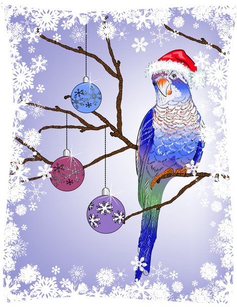 Χριστούγεννα παπαγάλος με διακόσμηση σε ένα κλαδί δέντρου - Διάνυσμα, εικόνα