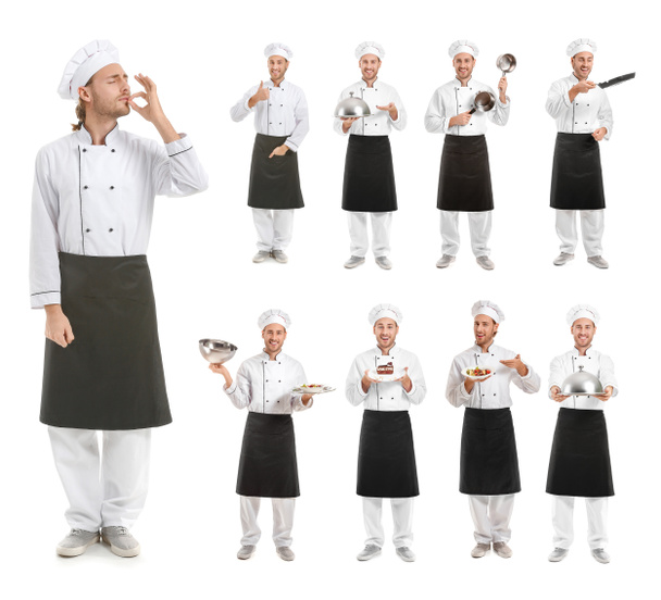 Set mit hübschen männlichen Koch auf weißem Hintergrund - Foto, Bild