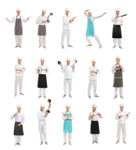 Conjunto com bonito chef masculino no fundo branco
 - Foto, Imagem