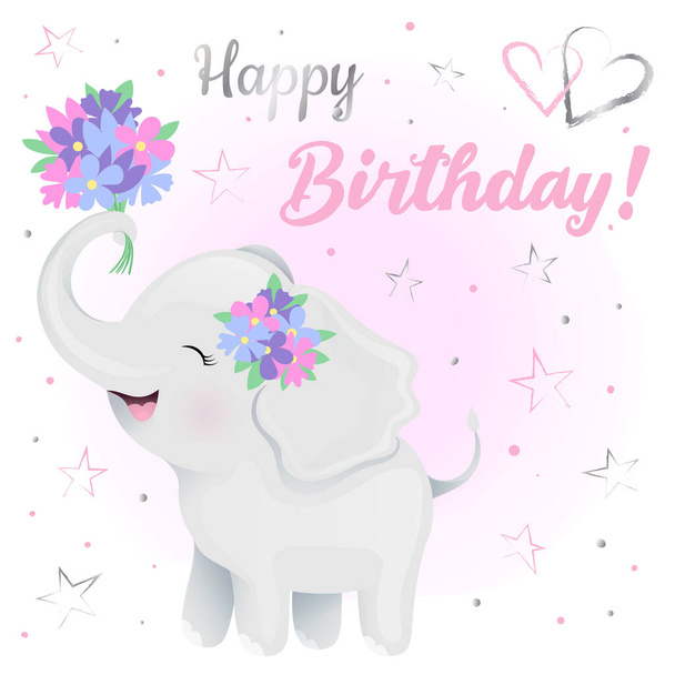Cute cartoon elephant. Greeting card. Invitation to the holiday. Isolated Vectlor illustration for children. - Vektor, kép