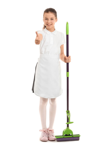 Cute little chambermaid with mop on white background - Fotó, kép