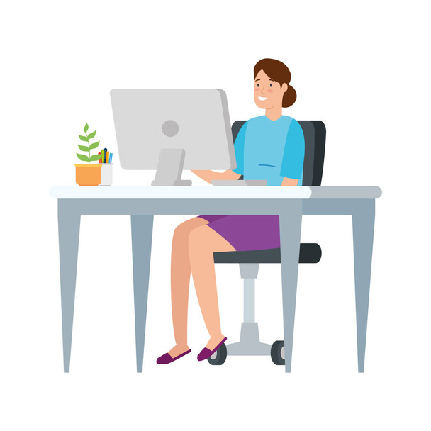 mulher com mesa e computador no local de trabalho
 - Vetor, Imagem