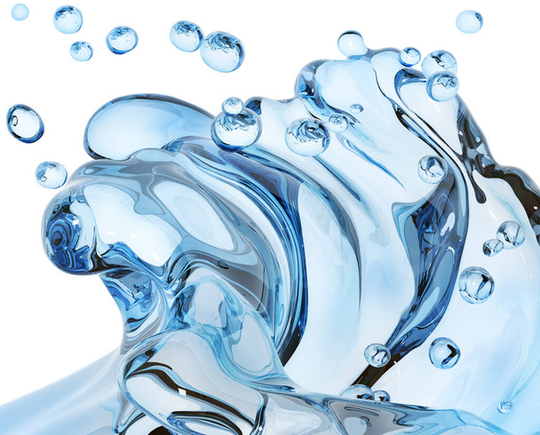  Vlnová voda, stříkání vody abstraktní pozadí, barva modrá, izolované 3D vykreslování  - Fotografie, Obrázek