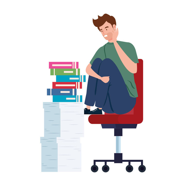 hombre sentado en silla con ataque de estrés y apilar documentos
 - Vector, imagen