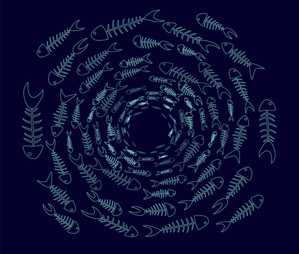 иллюстрации с линейной школой скелетов неоновых рыб на темно-синем фоне. современный абстрактный дизайн
 - Вектор,изображение