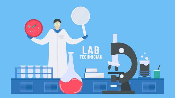 In hospital, lab technician works with complex systems or diagnostic tests in medical or scientific laboratories. A workflow part of patient care. Flat design. - Vector, Image