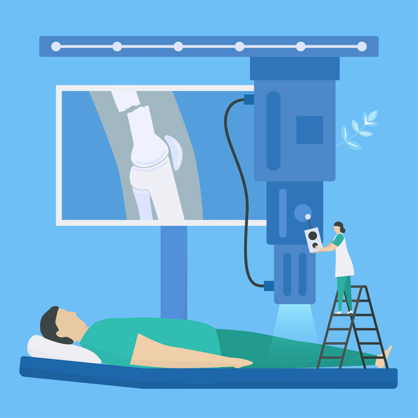This medical scanning is x-ray. Doctor checks broken leg of human body, A workflow part of patient care. Flat design in minimal tiny style. - Vector, Image