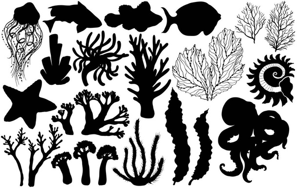 Silhouettes of deepwater living organisms, fish and algae. - Vector, Image