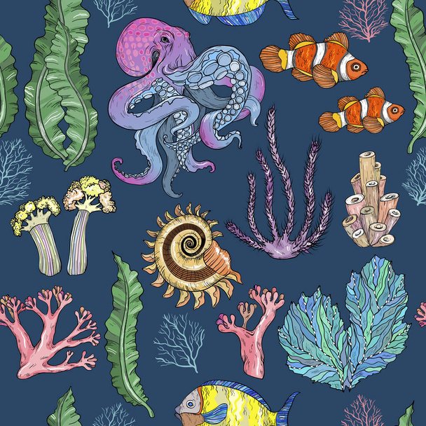 Seamless pattern with sketch of deepwater living organisms, fish and octopus - ベクター画像