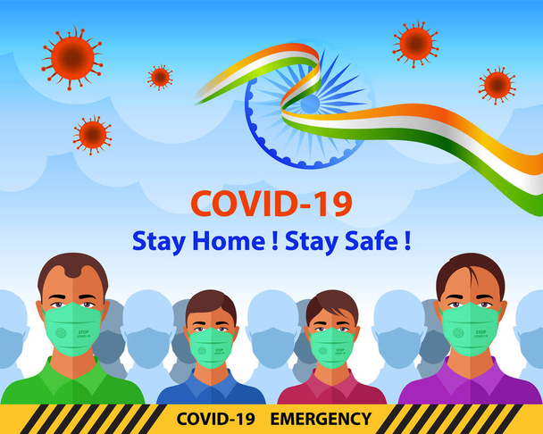 Covid-19コロナウイルスのソーシャルメディア投稿。家から外に出るときは必ず保護マスクを使用してください。家にいてインドを守って。ベクターイラスト. - ベクター画像