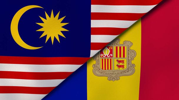 Twee vlaggen van Maleisië en Andorra. Hoge kwaliteit zakelijke achtergrond. 3d illustratie - Foto, afbeelding