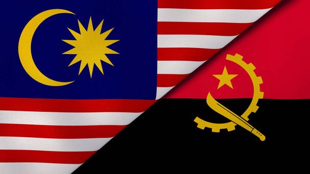 Two states flags of Malaysia and Angola. High quality business background. 3d illustration - Foto, Imagen