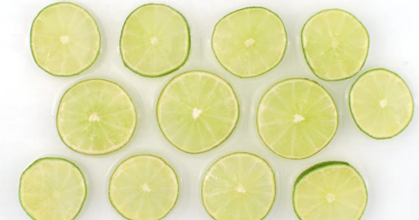 Sur fond blanc, des tranches de citron vert sont saupoudrées d'eau. lime fraîche juteuse au ralenti. Beaucoup de tranches de citron vert
 - Séquence, vidéo