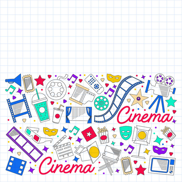 Cinema, video. Doodle set of vector icons. Megaphone, camera, movie. Musical theathre, entertaiment. - Vector, imagen
