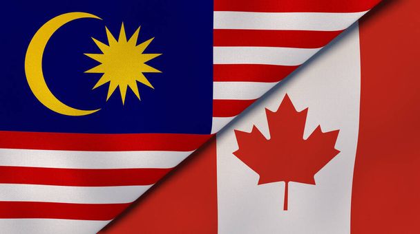 Malajzia és Kanada két állami lobogója. Kiváló minőségű üzleti háttér. 3d illusztráció - Fotó, kép
