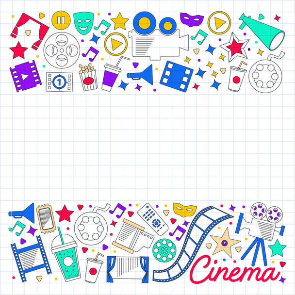 Cinema, video. Doodle set of vector icons. Megaphone, camera, movie. Musical theathre, entertaiment. - Vetor, Imagem