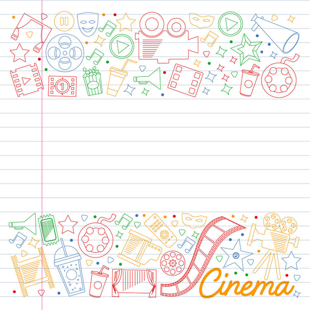 Cinema, video. Doodle set of vector icons. Megaphone, camera, movie. Musical theathre, entertaiment. - Vektor, obrázek