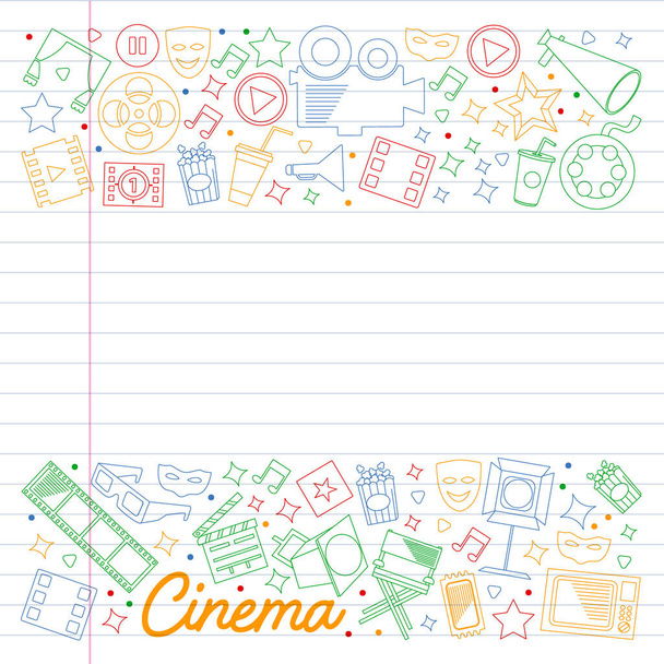 Cinema, video. Doodle set of vector icons. Megaphone, camera, movie. Musical theathre, entertaiment. - Вектор, зображення