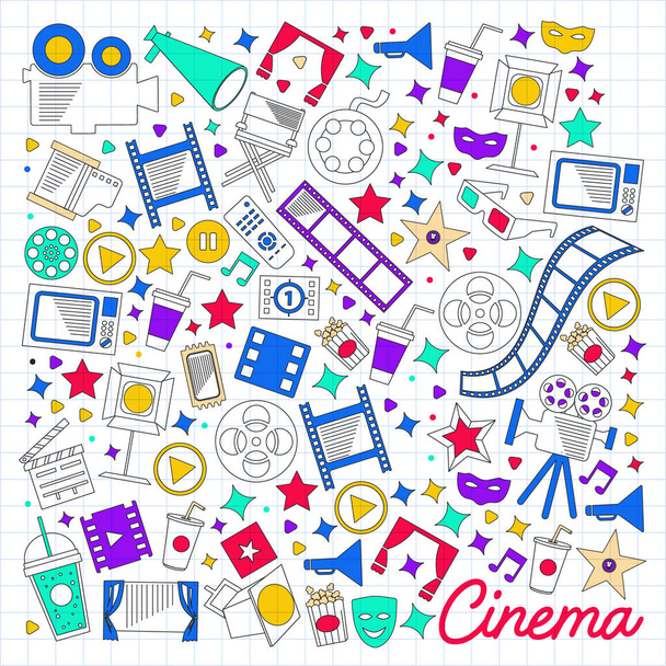 Cinema, video. Doodle set of vector icons. Megaphone, camera, movie. Musical theathre, entertaiment. - ベクター画像