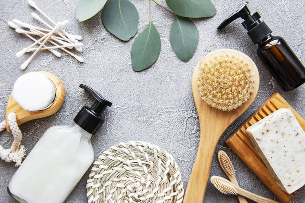 Zero waste natural cosmetics products on concrete background. Flat lay.  - Foto, afbeelding