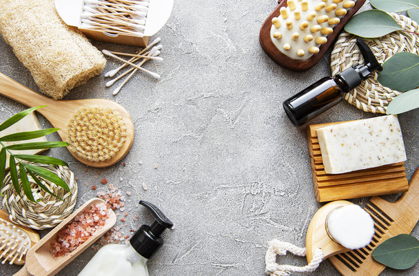 Zero waste natural cosmetics products on concrete background. Flat lay.  - Foto, Imagen