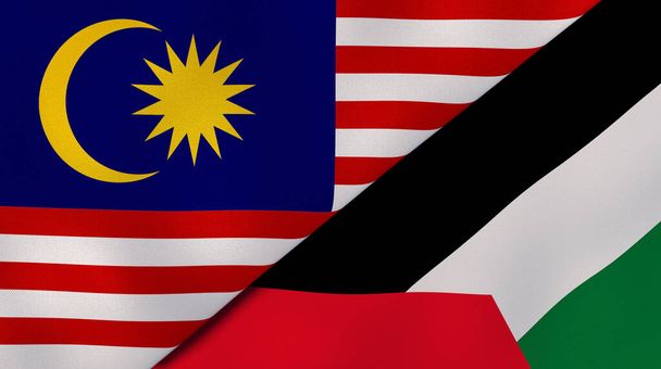 Dwa państwa bandery Malezji i Palestyny. Wysokiej jakości doświadczenie biznesowe. Ilustracja 3D - Zdjęcie, obraz