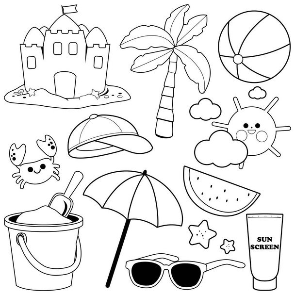 Summer theme beach vacation design elements. Vector black and white coloring page  - Вектор, зображення