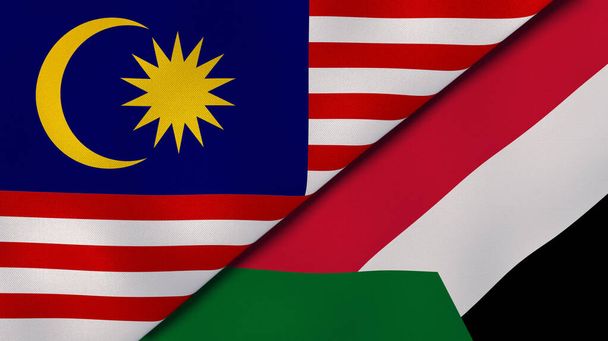 Δύο κράτη σημαίες της Μαλαισίας και του Σουδάν. Επαγγελματικό υπόβαθρο υψηλής ποιότητας. 3D εικονογράφηση - Φωτογραφία, εικόνα
