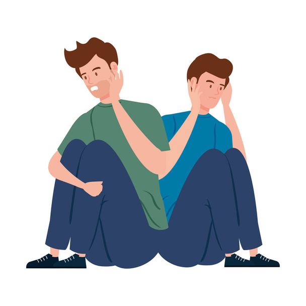mladí muži sedí s ikonou stresového útoku - Vektor, obrázek