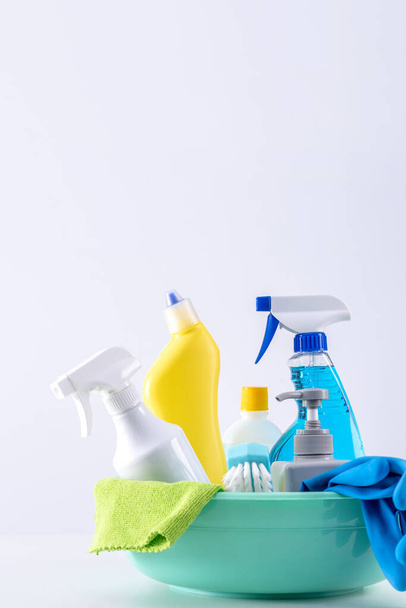 Cleaning product tool equipments, concept of housekeeping, professional clean service, housework kit supplies, copy space, close up. - Fotoğraf, Görsel