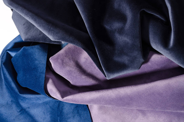 Bright abstract collection of colorful velour textile samples in lilac and violet colors. Fabric texture background - Photo, Image