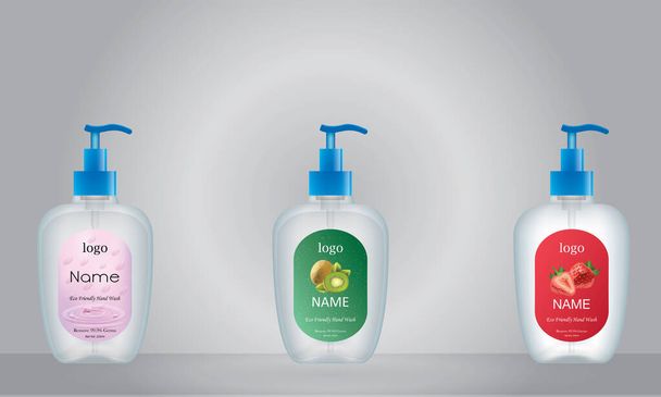 Tartály folyékony szappannal, címke formatervezéssel az Ön termékéhez. Műanyag palack címkével, készen áll a modellezésre. vektor - Vektor, kép