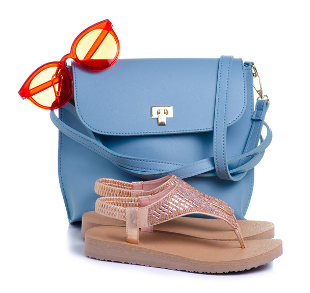 Blue bag, sunglasses, sandals - Foto, Imagen