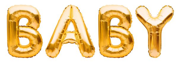 Word BABY made of golden inflatable balloons isolated on white background. Helium foil balloons forming text. Baby shower, birthday party celebrating decoration - 写真・画像