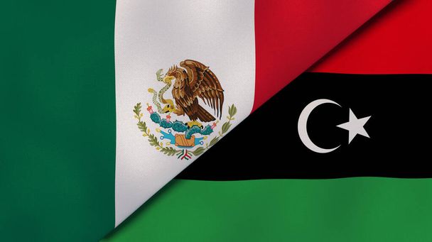 Two states flags of Mexico and Libya. High quality business background. 3d illustration - Photo, Image