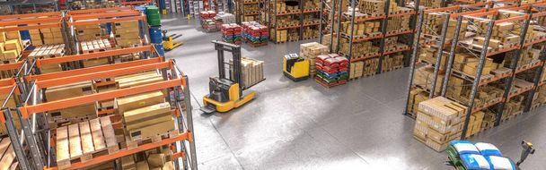 interior of a warehouse with shelves and goods, lifting machinery in action. 3d render. industry and logistics concept. horizontal format. - Photo, Image