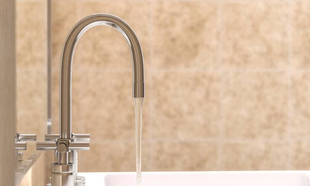 detail of a modern faucet in a bathroom from which water flows. selective focus. 3d render. - Foto, afbeelding