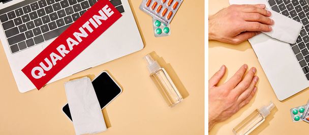 collage of man holding napkin near laptop, smartphone with blank screen, pills, paper with quarantine lettering and hand sanitizer on beige - Photo, Image