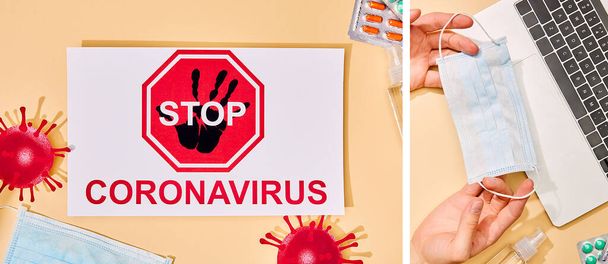 Bilgisayarın yanında tıbbi maske tutan adam kolajı Coronavirüs harflerini durduran kağıt, bej üzerine virüs ve haplar çizilmiş.  - Fotoğraf, Görsel