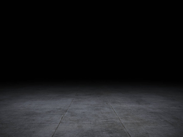 Lugar vacío iluminado piso de hormigón, fondo oscuro
. - Foto, Imagen